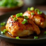 Close-up of Honey Garlic Chicken Thighs drizzled with honey and garnished with green onions.