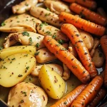 Close-up of Slow Cooker Garlic Butter Chicken with vibrant veggies under soft lighting.