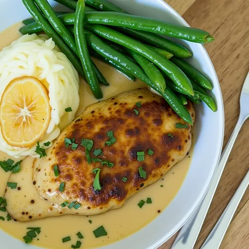 Close-up of creamy garlic chicken garnished with fresh parsley against a blurred background.