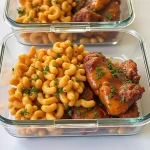 Close-up of honey garlic butter chicken served with creamy macaroni and cheese on a plate.