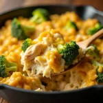 Close-up shot of a low carb chicken casserole, featuring shredded chicken, broccoli, and cheese.