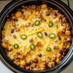 Close-up of a delicious Slow Cooker Taco Casserole, showcasing layers of ingredients topped with melted cheese.