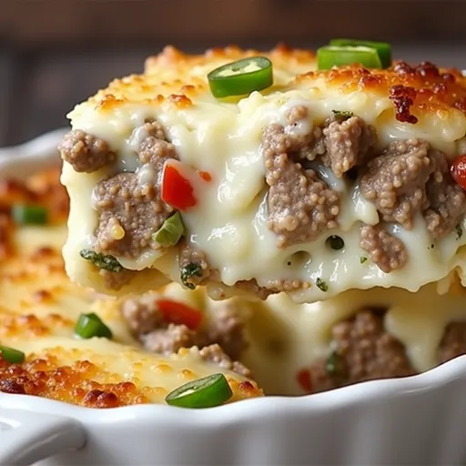 Close-up of a high protein, low carb Philly cheesesteak casserole with melted cheese on top.