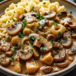 Close-up of Mushroom and Seitan Stroganoff, showcasing creamy sauce and pasta.