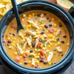Close-up of savory chicken tortilla soup in a bowl, topped with cheese, sour cream, and cilantro.