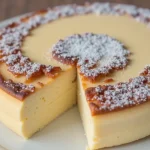Close-up view of a fluffy Greek yogurt cake topped with powdered sugar.