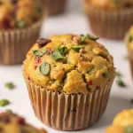 Close-up of golden-brown Vegan Savoury Muffins with a soft texture.