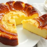 Close-up of a freshly baked yogurt cake with a golden crust and a soft interior, displayed on a rustic surface.