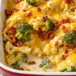 Close-up of a creamy chicken casserole topped with melted cheese and garnished with parsley.