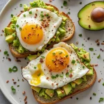 A close-up of avocado toast topped with a perfectly cooked egg, set against a softly blurred background.