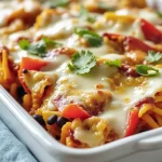 Close-up shot of a vegetarian enchilada casserole with black beans, corn, and cheese.