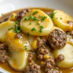 Close-up of a hearty Crockpot Hamburger Potato Casserole with melted cheese and sliced potatoes.
