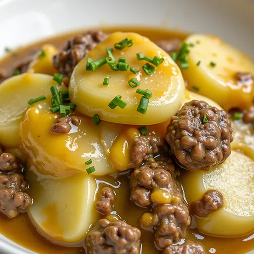 Close-up of a hearty Crockpot Hamburger Potato Casserole with melted cheese and sliced potatoes.