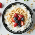 Close-up shot of light and healthy cheesecake fluff topped with fresh berries.