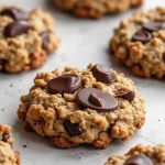 Close-up of healthy banana oat cookies, golden brown with visible oats and chocolate chips.