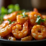 Close-up of honey garlic shrimp with a glossy glaze, garnished with green onions and sesame seeds.