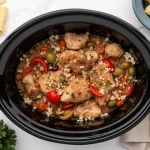 A close-up shot of Slow Cooker Chicken Jambalaya with vibrant colors and textures.