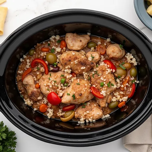 A close-up shot of Slow Cooker Chicken Jambalaya with vibrant colors and textures.