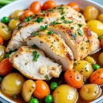 Close-up view of a bowl of Crockpot Chicken with mixed vegetables, bathed in soft natural light.