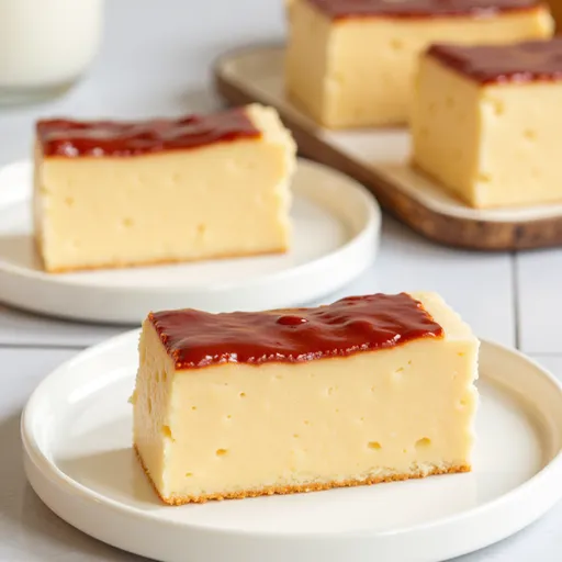 A close-up view of a creamy yogurt cake topped with a smooth layer of yogurt and set against a softly blurred background.