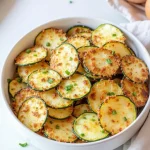 Close-up of crispy zucchini chips on a wooden plate, showcasing their golden-brown texture.
