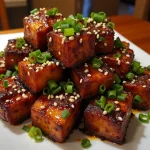 Close-up of golden-brown crispy honey garlic tofu on a plate, garnished with sesame seeds and green onions.