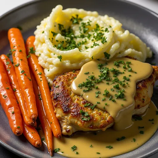 Close-up of creamy herb chicken with mashed potatoes and glazed carrots.