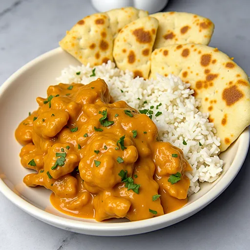 Close-up of a bowl of homemade butter chicken with creamy sauce and garnished with cilantro.