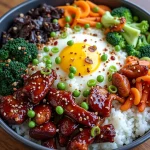 A close-up of Korean BBQ chicken served over rice, garnished with carrots and green onions.
