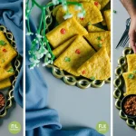Close-up of a golden-brown Moong Dal Chilla with toppings, set against a softly blurred background.