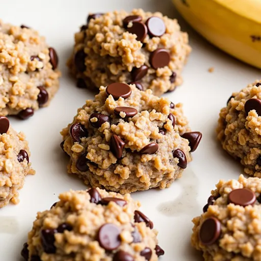 Close-up of soft, freshly baked banana oatmeal cookies with chocolate chips.
