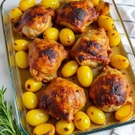 Close-up of crispy oven-roasted chicken thighs with golden-brown skin and halved baby potatoes.