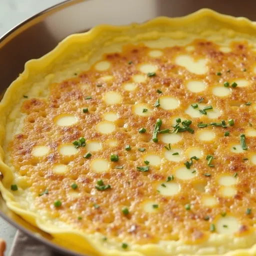 Eye-level close-up of a golden Vegan Chickpea Omelette with vibrant vegetables on a plate.