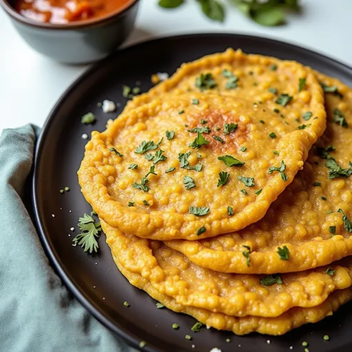 A close-up of a crispy Masoor Dal Chilla with fresh greens, displayed on a rustic wooden surface.