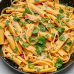 Creamy vegan pasta with sun-dried tomatoes, garnished with fresh basil leaves.