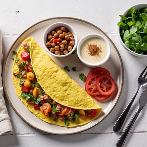 Close-up of a vibrant Chickpea Flour Omelette with vegetables on a plate, illuminated by natural light.
