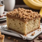 Close-up of a freshly baked Apple Crumble Cake with golden apple slices and a crumbly topping.