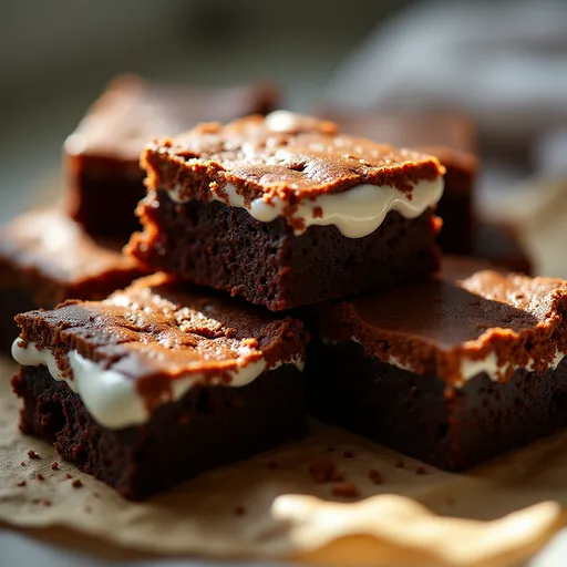 Close-up of a rich, chocolatey brownie topped with a dollop of Greek yogurt, set against a cozy blurred background.
