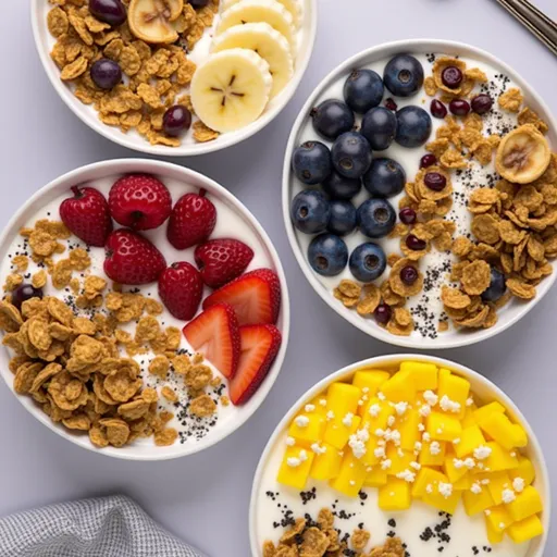 Close-up of a yogurt granola bowl topped with mixed berries and banana slices.