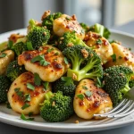 Close-up of garlic butter chicken and broccoli in a bowl, showcasing the golden chicken pieces and vibrant green broccoli florets.