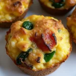 Close-up of protein-packed egg muffins made with eggs, bell peppers, and spinach in warm lighting.