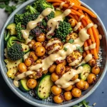 Close-up of a bowl filled with roasted veggies and chickpeas, garnished with fresh herbs.