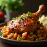 Close-up of Pin on Chicken with a glossy glaze, garnished with green onions and sesame seeds.