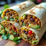 Close-up of a vibrant Vegan Burrito Wrap filled with colorful vegetables and beans.