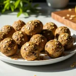 Close-up of Banana Bread Energy Bites on a wooden surface with a blurred background.