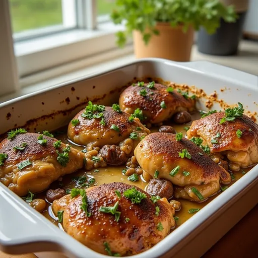 Close-up of baked chicken thighs with crispy skin and garnished with parsley.