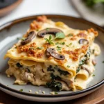 Close-up shot of layered Mushroom and Spinach Lasagna on a plate, showcasing creamy cheese and vibrant spinach.