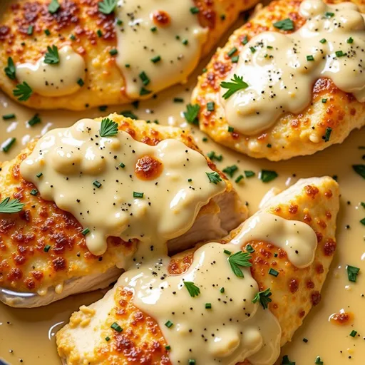 Close-up of creamy crock pot ranch chicken with herbs on top.