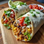 Close-up of a colorful vegan burrito wrap filled with black beans, rice, corn, avocado, and greens.