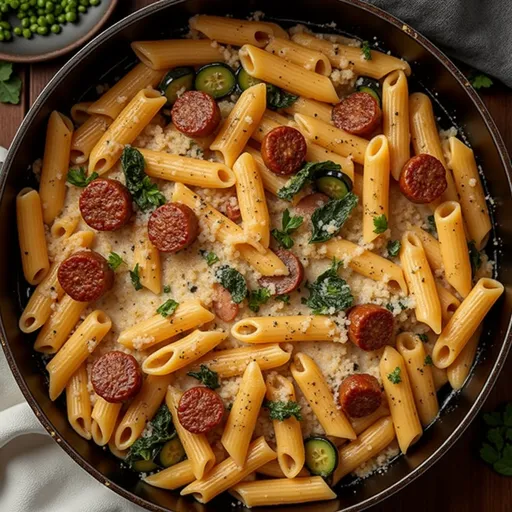 Close-up of creamy Cajun sausage pasta, showcasing the rich sauce and colorful ingredients.
